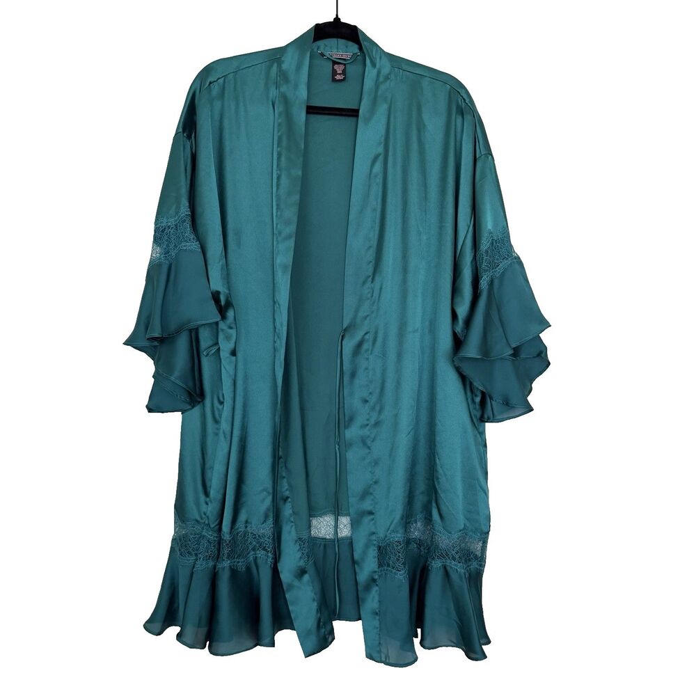 Victoria’s Secret Satin Robe Kimono Size M/L Emerald Green Ruffles